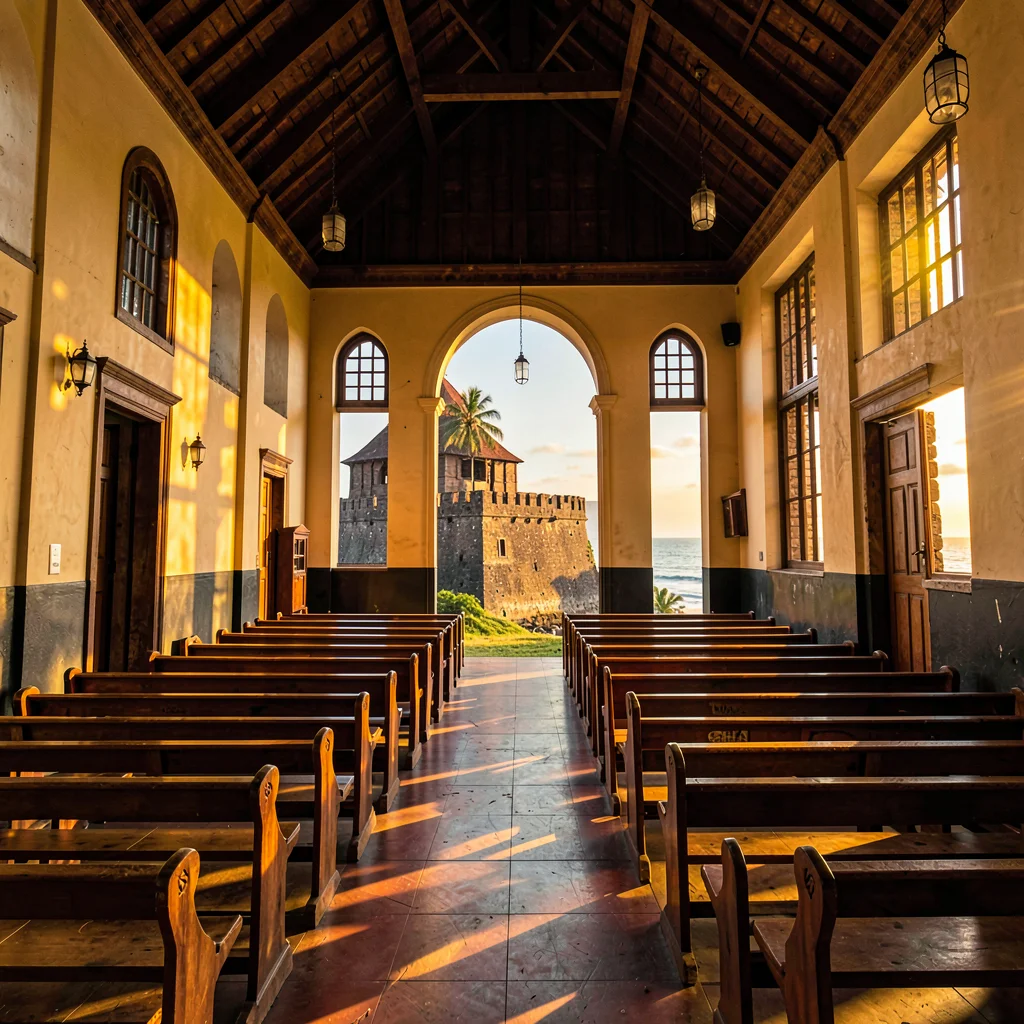 Galle fort golden hour, Dutch colonial tropical, Colonial church interior, high 