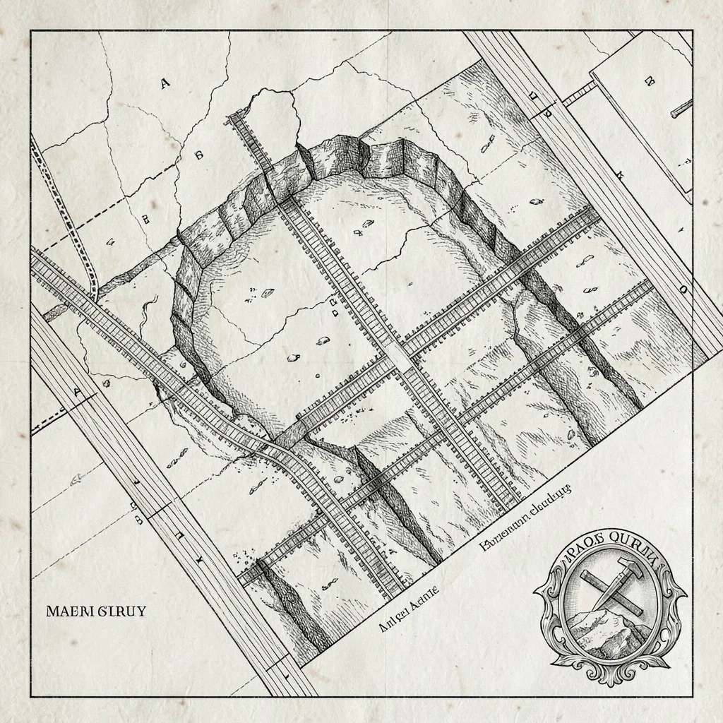 An archaeological ancient-quarry survey map with cut-stone scars, transport-trac