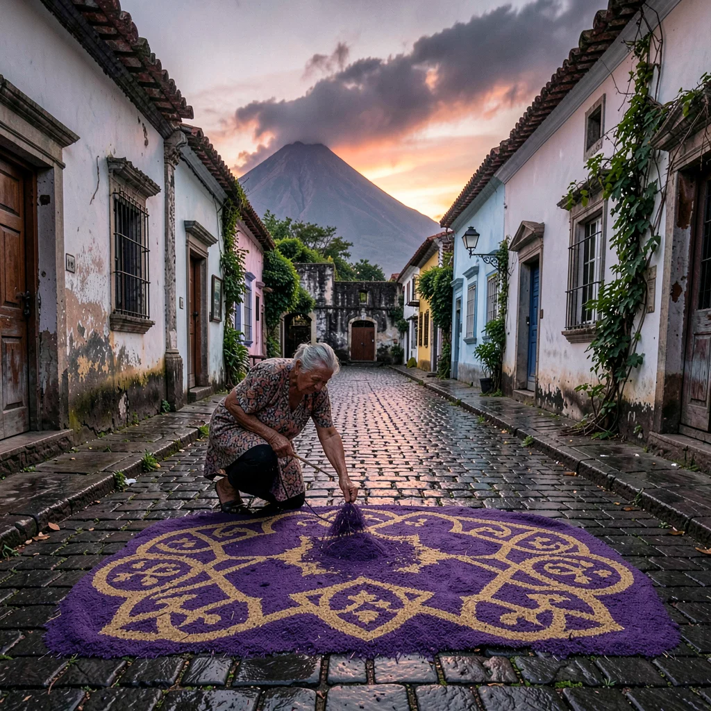 Volcano-framed colonial streets of Antigua Guatemala, An elderly woman arranging