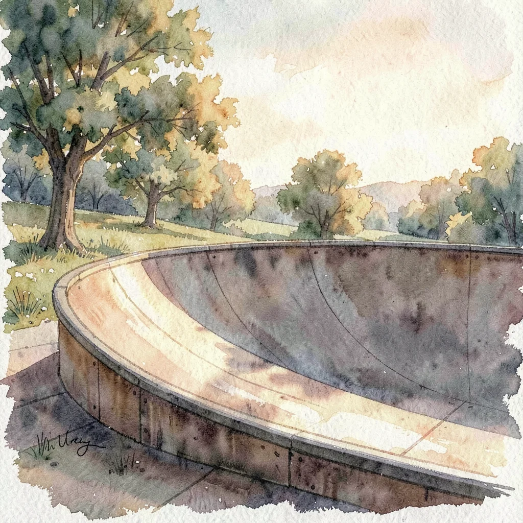 Atmospheric scene of a quarterpipe at golden hour with long shadows
