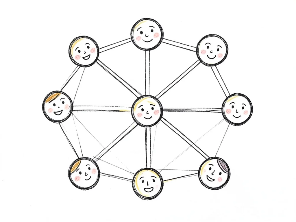 A network of connected people drawn as simple circles with faces, lines connecti