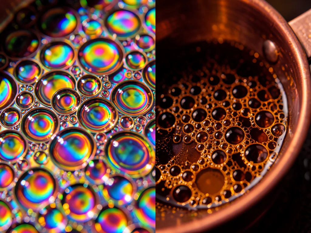 Macro of caramelizing sugar in a copper pan, amber liquid forming bubble pattern
