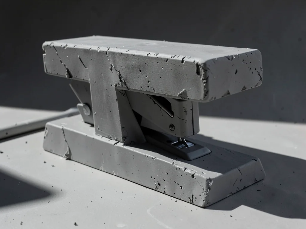 Massive desktop stapler rendered as a brutalist desk monument, mass at the rear,