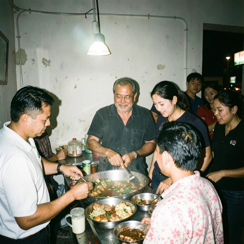 Street food vendor serving customers at night