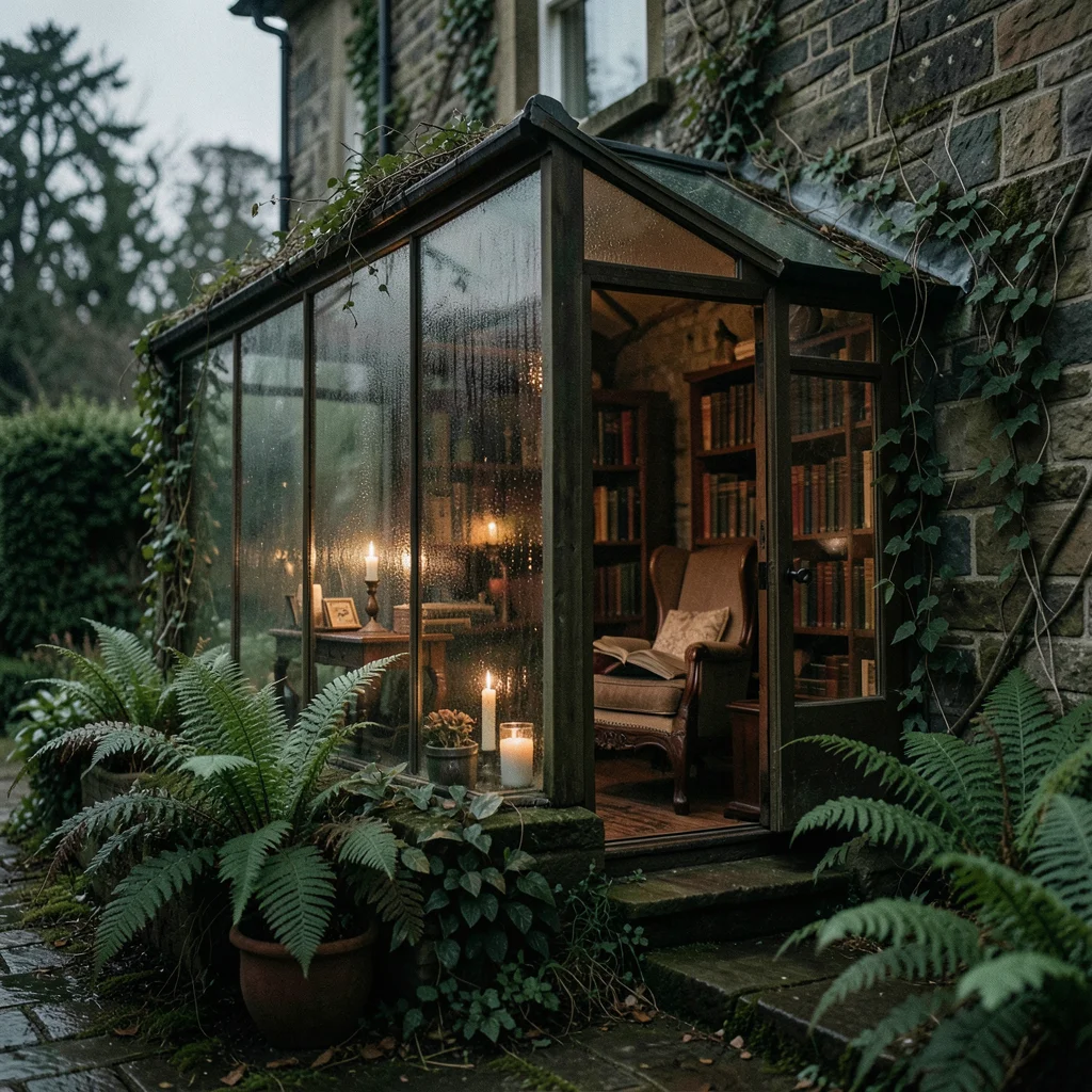 A greenhouse attached to an old stone house, overgrown with ferns, a reading cha