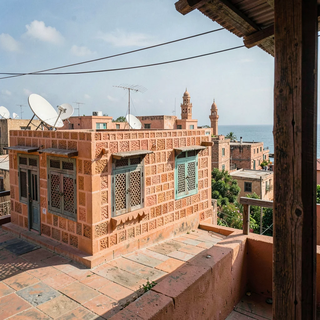Coastal architecture photograph with Swahili influences, Stone Town rooftop view