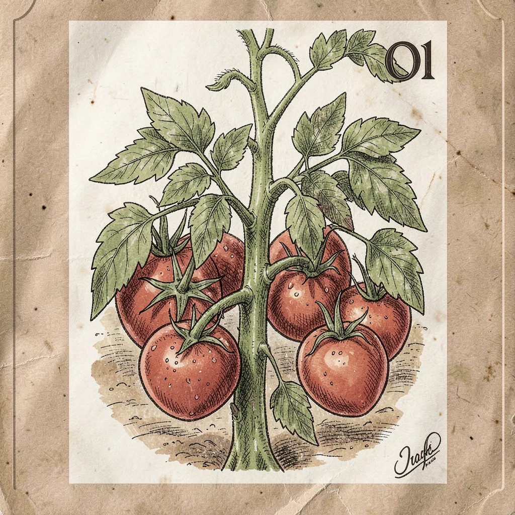 Artisan food packaging illustration, Heirloom tomatoes on vine , farm-to-table a