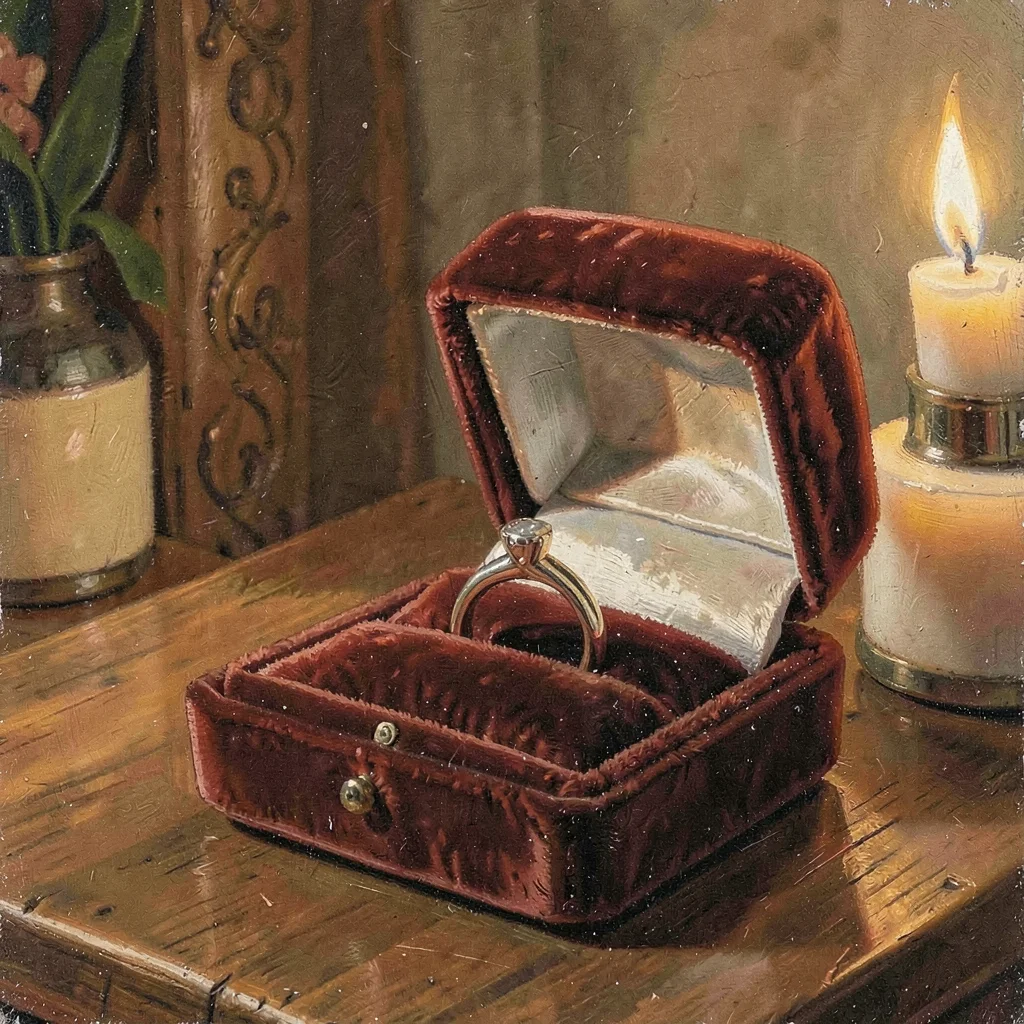 Warm scene of a small velvet ring box open with a single ring inside, candlelit 