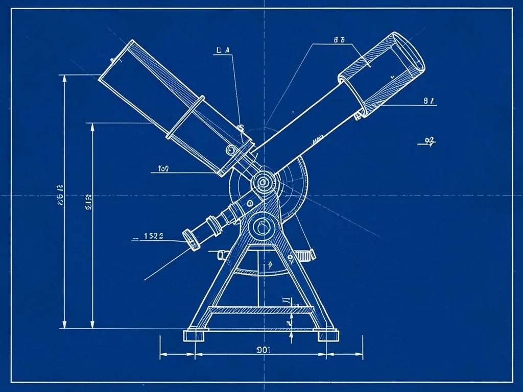 A technical drawing of a telescope: optical path, mirror arrangement, focuser, m
