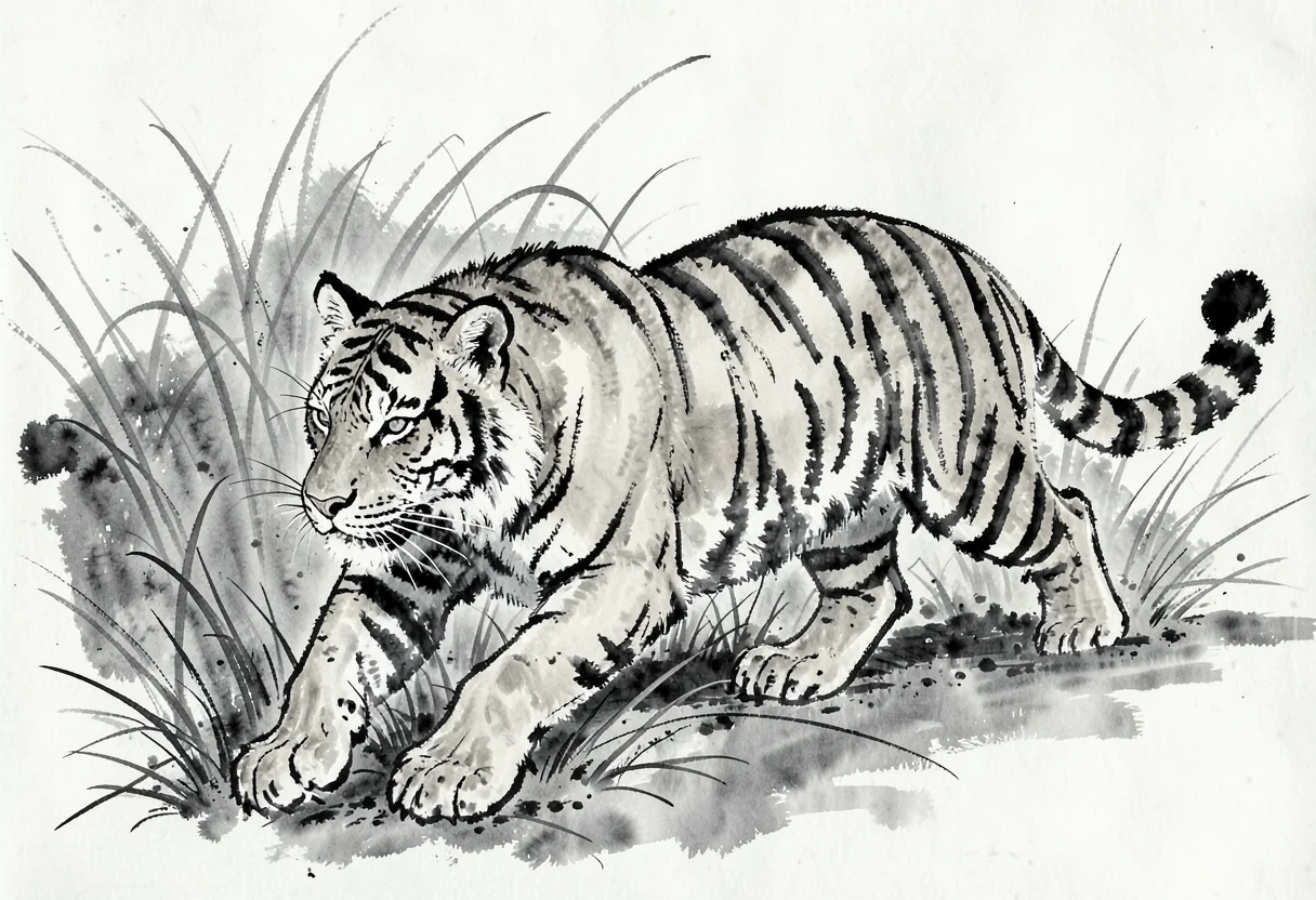 Tiger stalking sumi-e