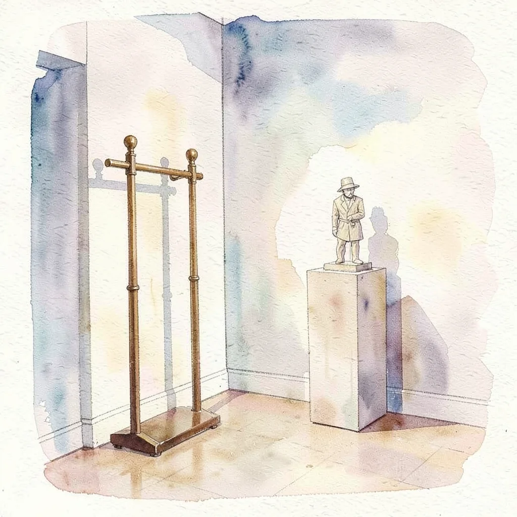 Watercolor of a gallery vestibule with a coat rack and a single sculpture on a p