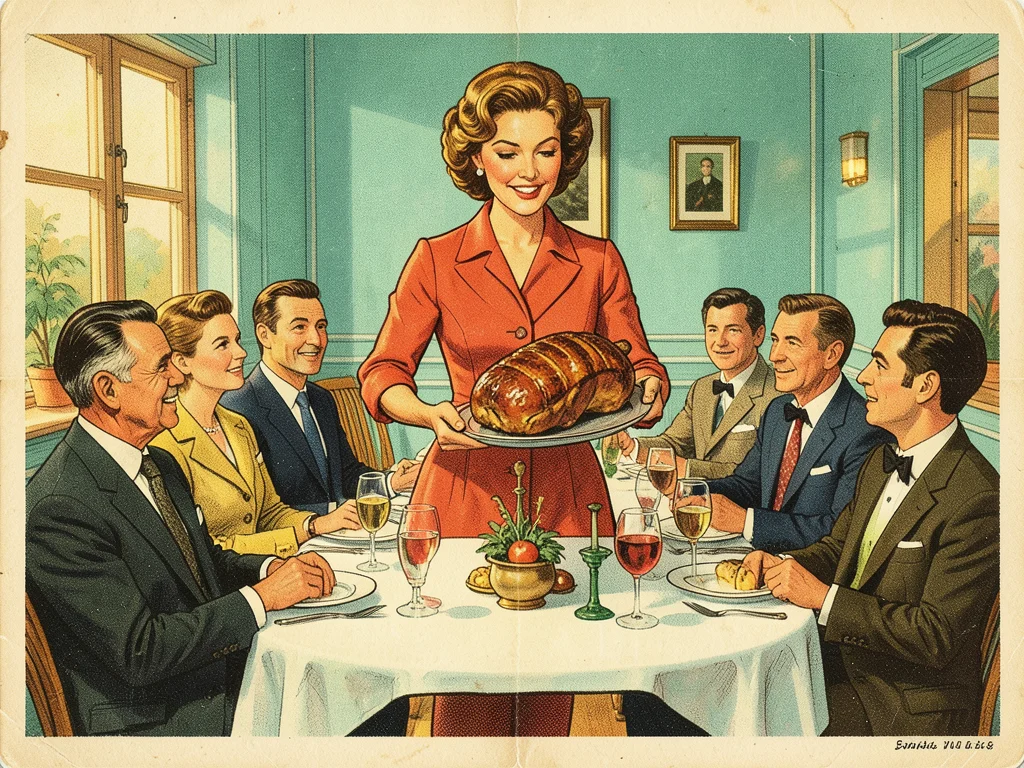 A dinner party scene: a hostess presenting a gleaming roast, guests in mid-centu