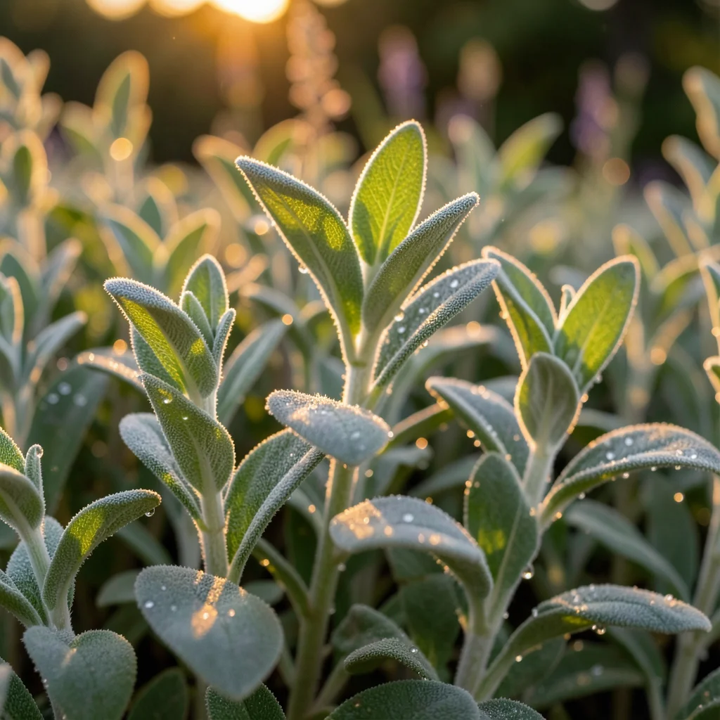 Sage leaves, their fuzzy silver-green surfaces catching morning dew, each drople