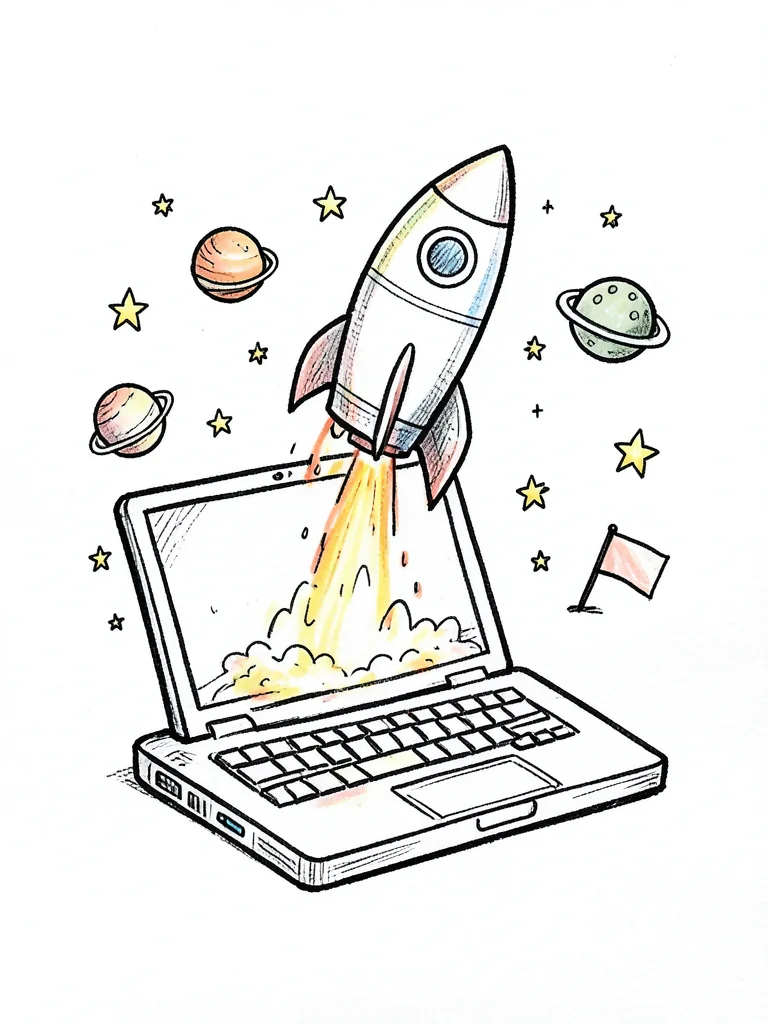 A doodle of a rocket launching from a laptop with stars, planets, and a flag on 