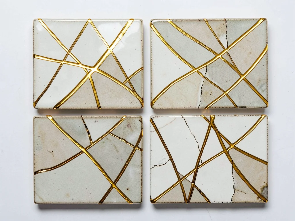 Set of repaired ceramic tiles arranged as mosaic — gold lines forming an abstrac