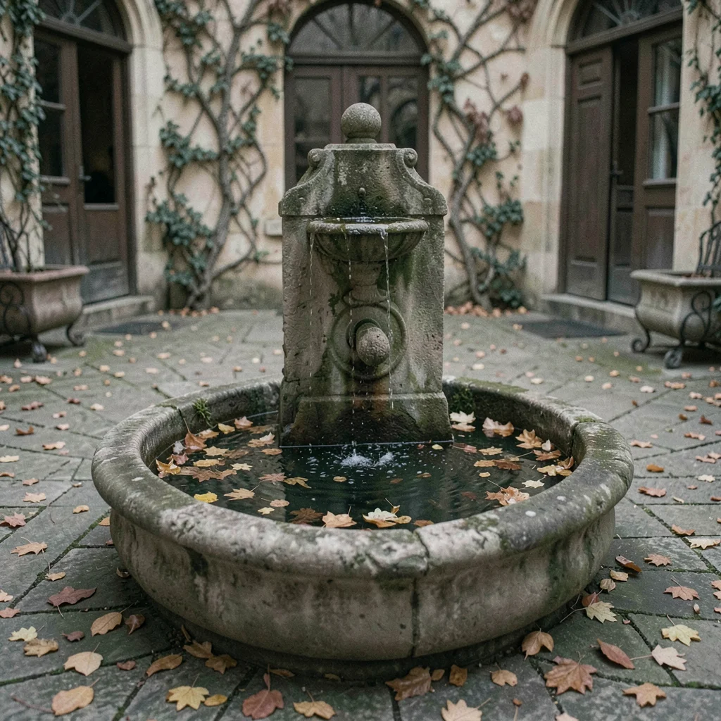 Stone fountain in a courtyard, water off, leaves collecting in the basin, autumn