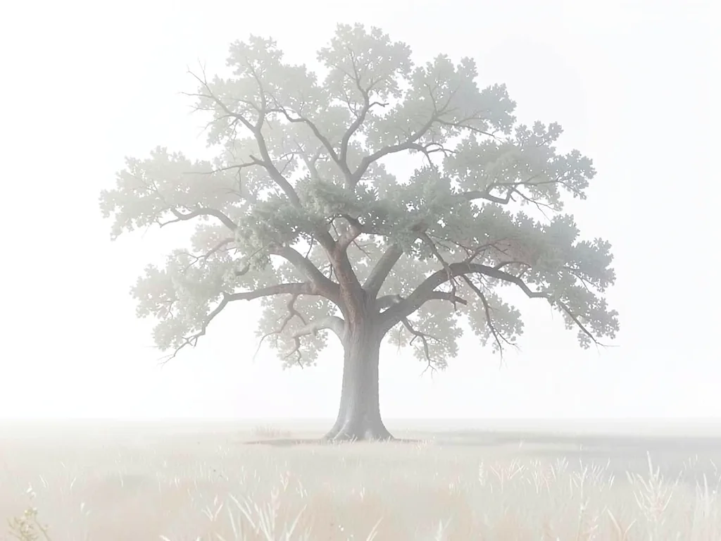 Ancient oak in a pale field, branches angular against the white sky, no second t
