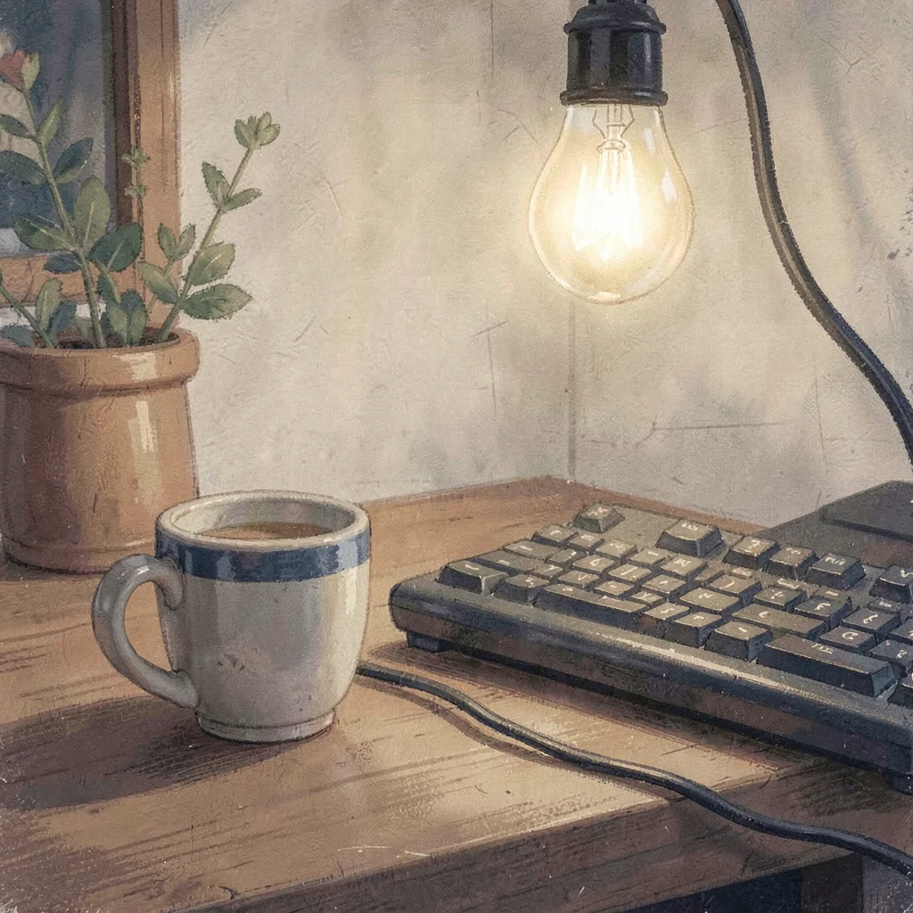 Cozy atmospheric of a small ceramic mug beside a softly glowing keyboard, single