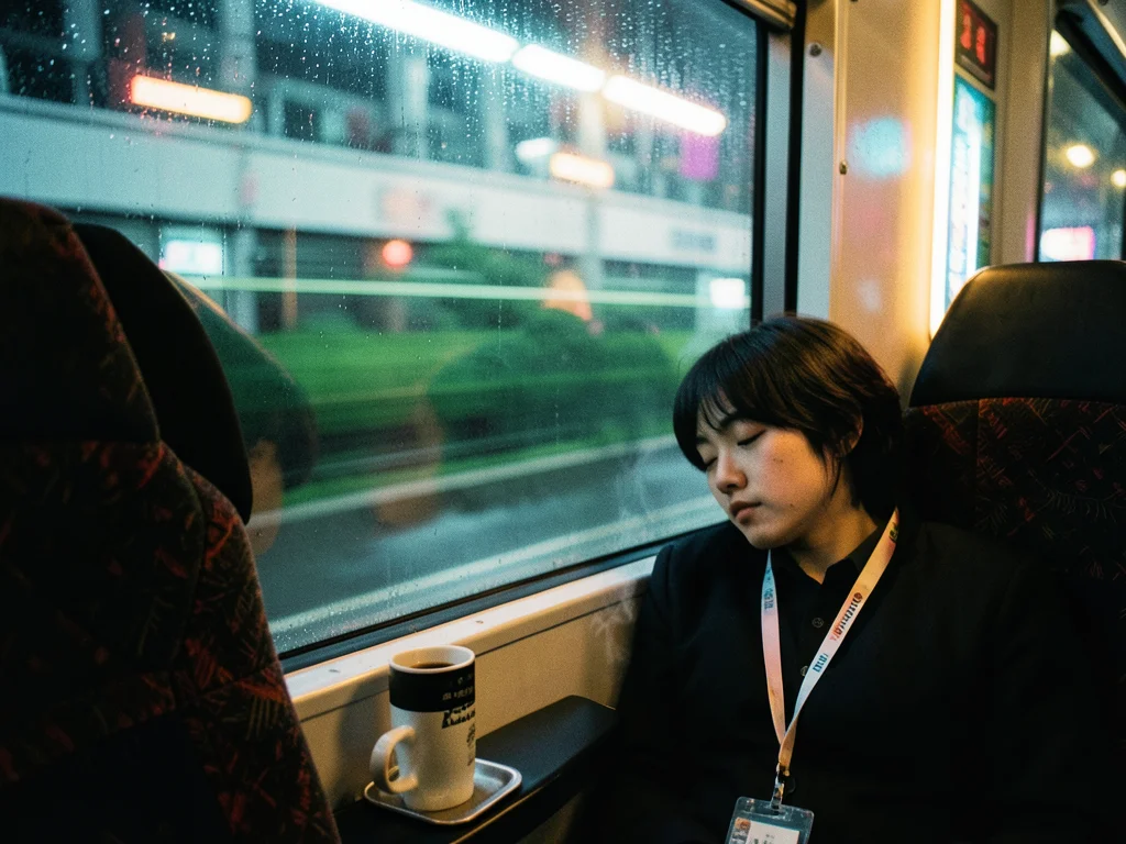 A person asleep on a commuter train with their head against the window, the morn
