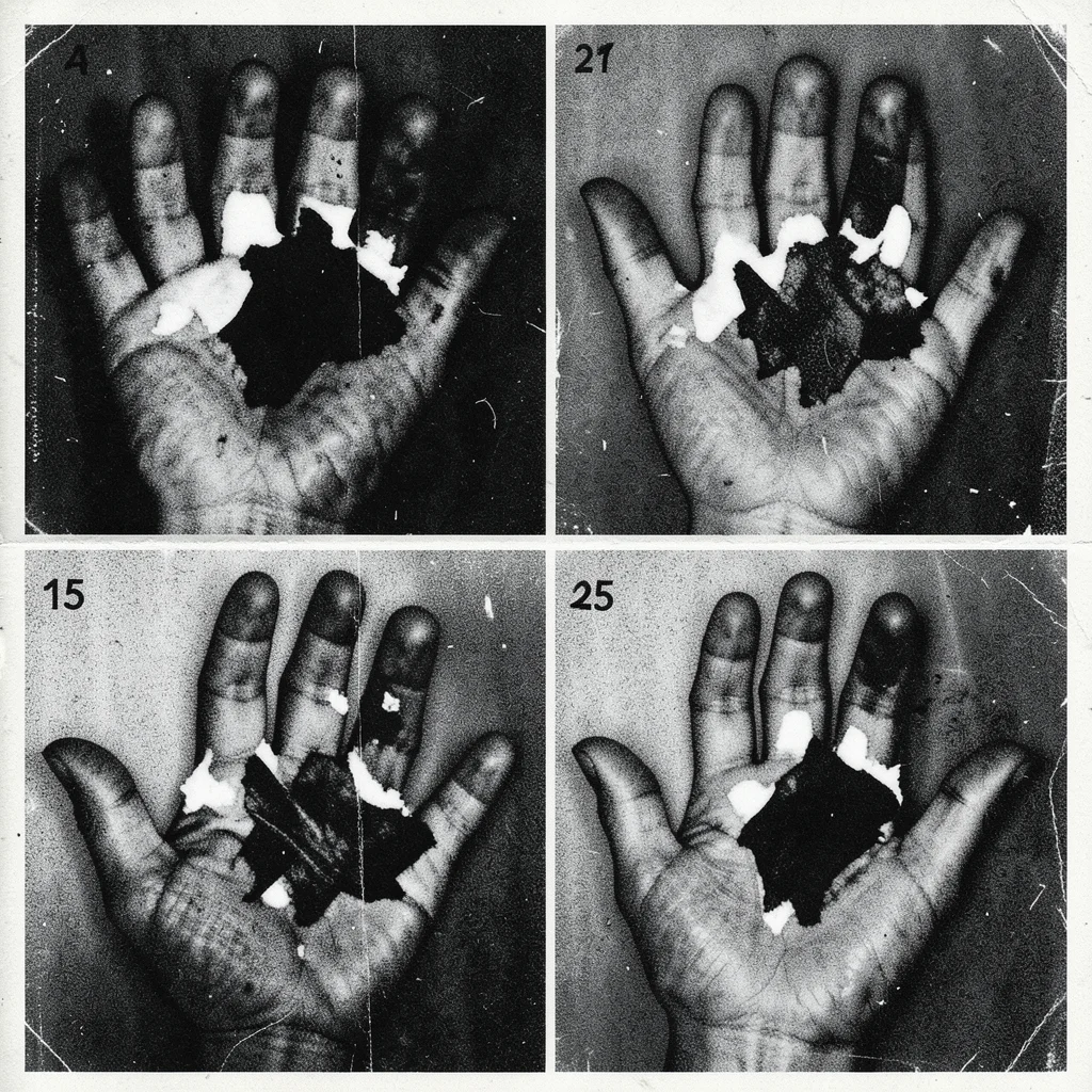 Pair of hands photocopied 25 times, fingers fused to abstract black shapes, only