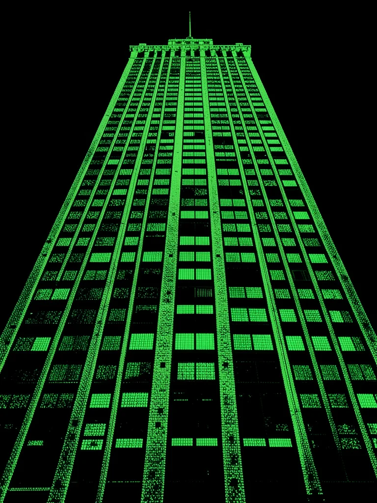 A skyscraper facade shot from below in terminal green, windows as regularly spac