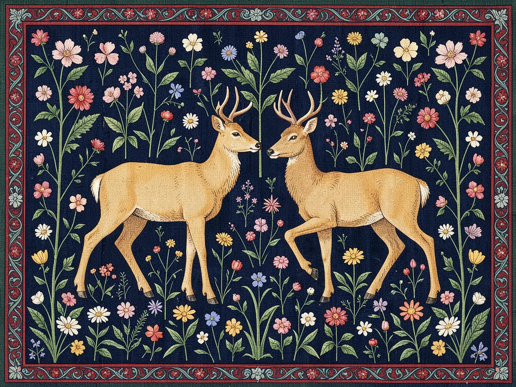Deer Pair on Dark Blue Millefleur Field