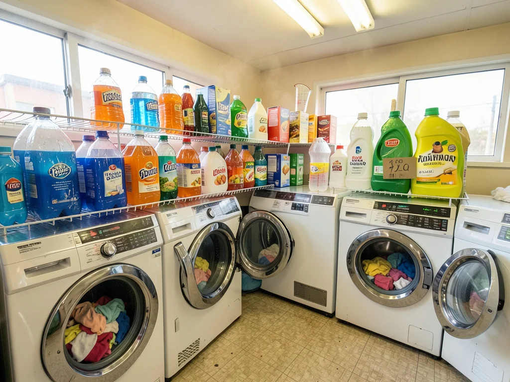 The detergent shelf of a laundromat, a wall-mounted wire rack holding a dozen pl
