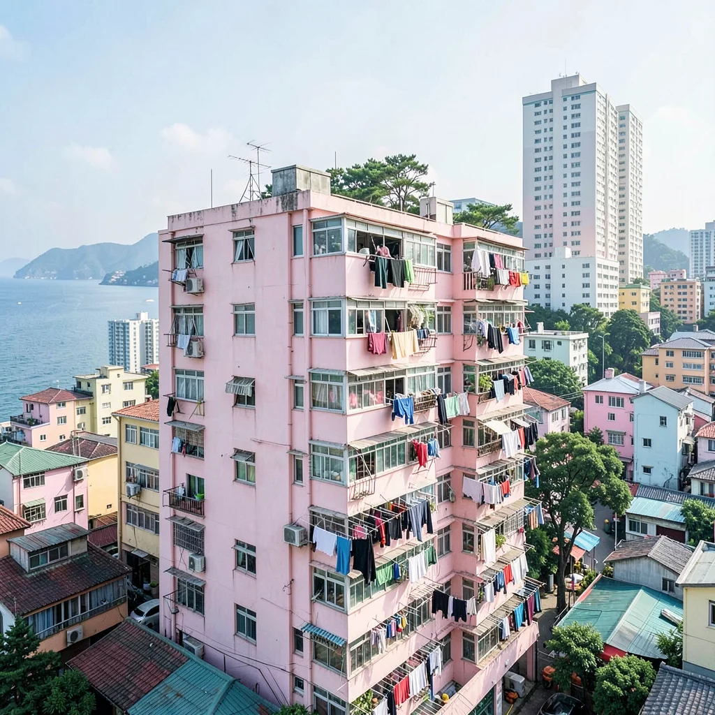 Busan vertical density, hillside village stacking, pink apartment building with 