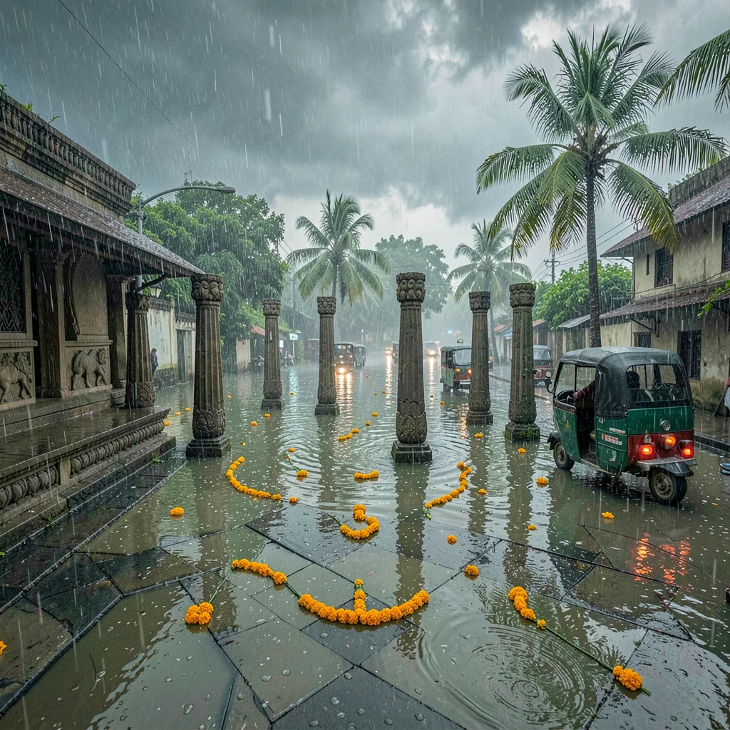 Flooded Temple Courtyard Overhead With Marigolds