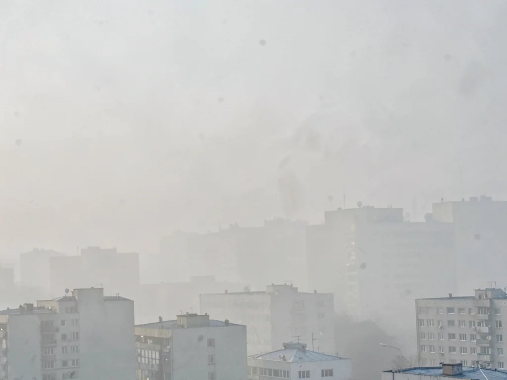 Buildings layered by smog depth