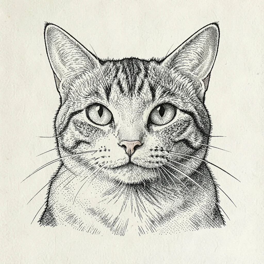 Pen-ink character study of a cat staring directly into a camera lens, expressive