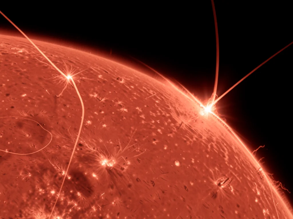 Solar flare ribbon, two parallel bright strands on the chromosphere marking magn