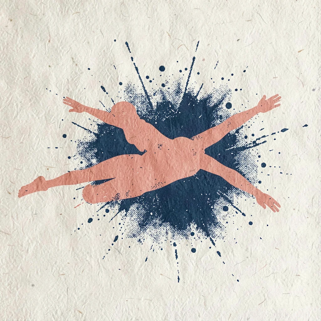 Bold two-color riso poster of a swimmer in butterfly silhouette in coral and ind