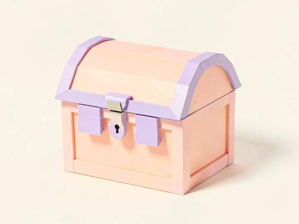 Imagine a peach-tinted lowpoly treasure chest with chunky lavender hinges and a 