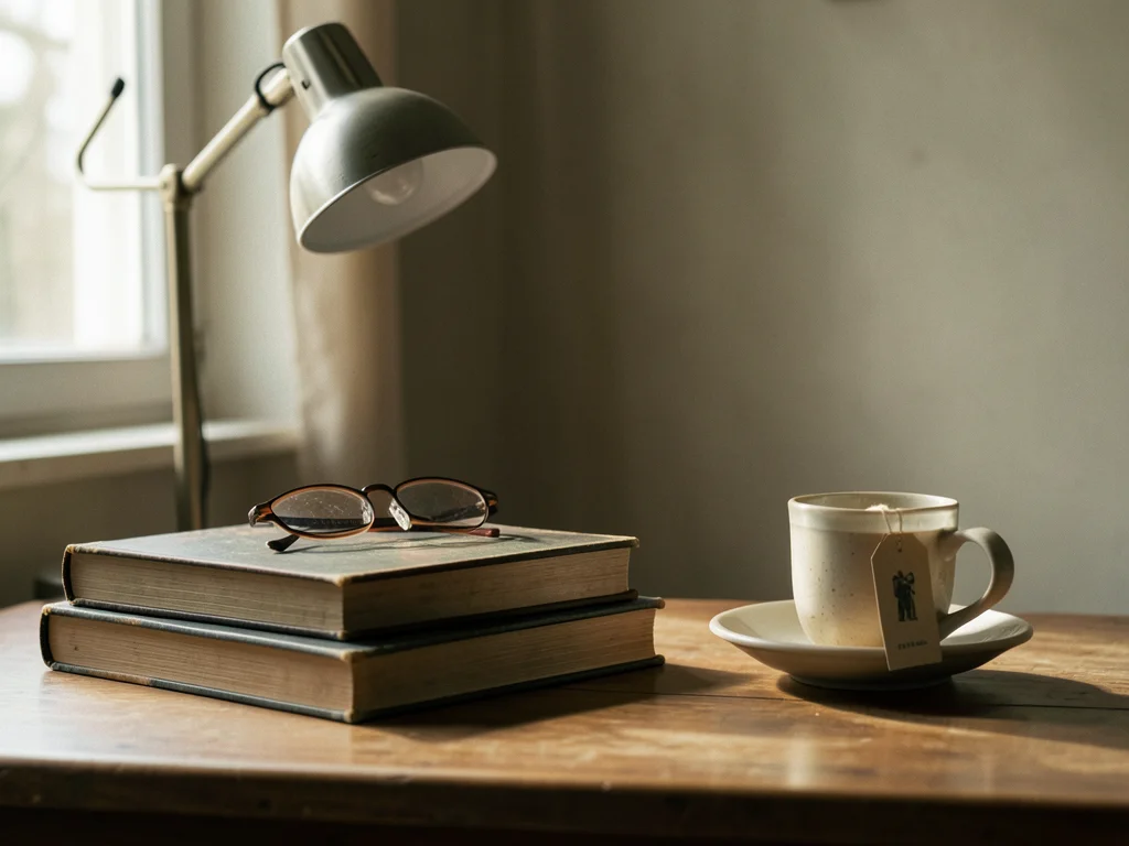 A stack of books with a reading lamp, a pair of glasses on top, a cup of tea wit