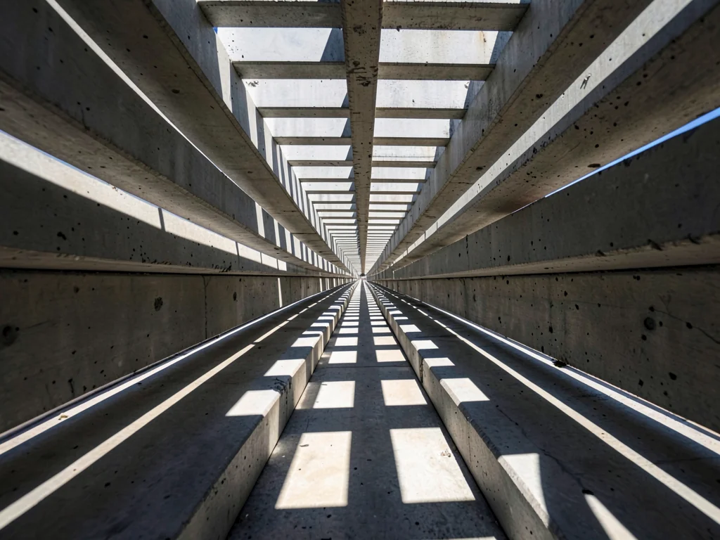 Tightly cropped concrete brise-soleil grid receding to a single vanishing point,