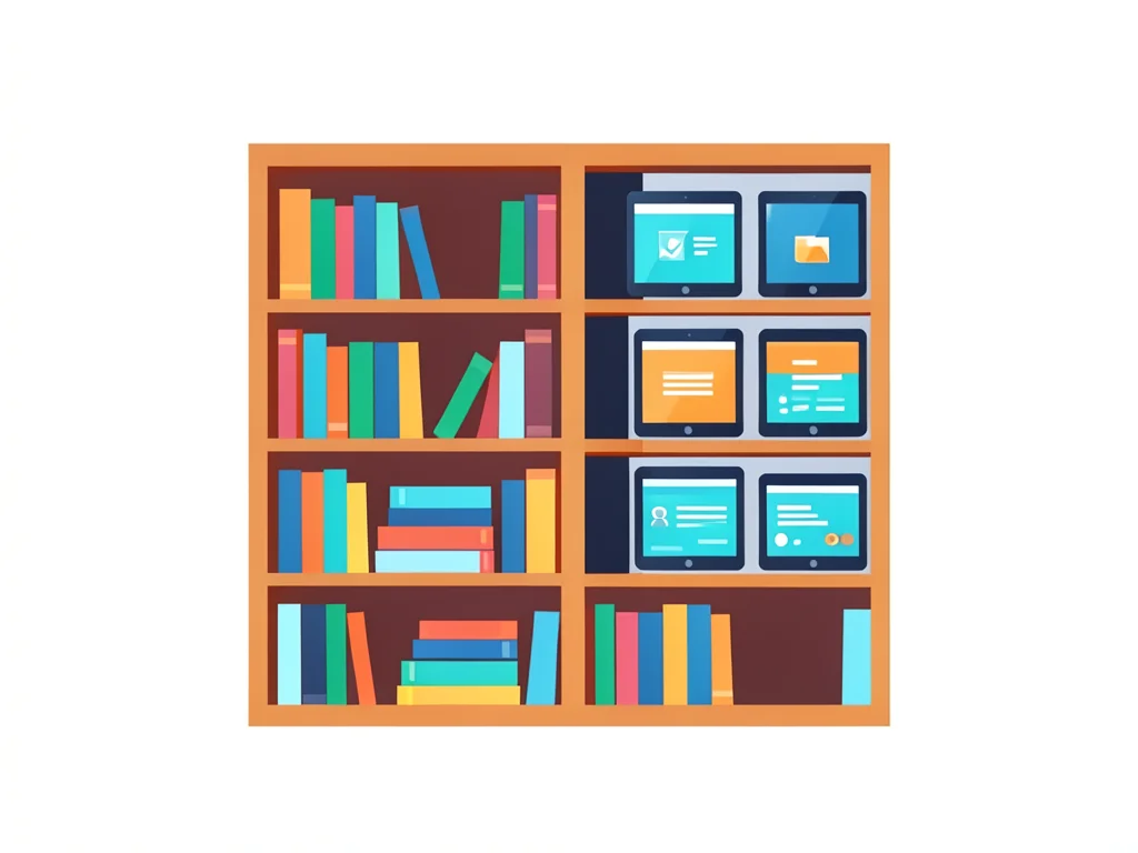 A bookshelf that transforms into a digital library, physical books on the left m