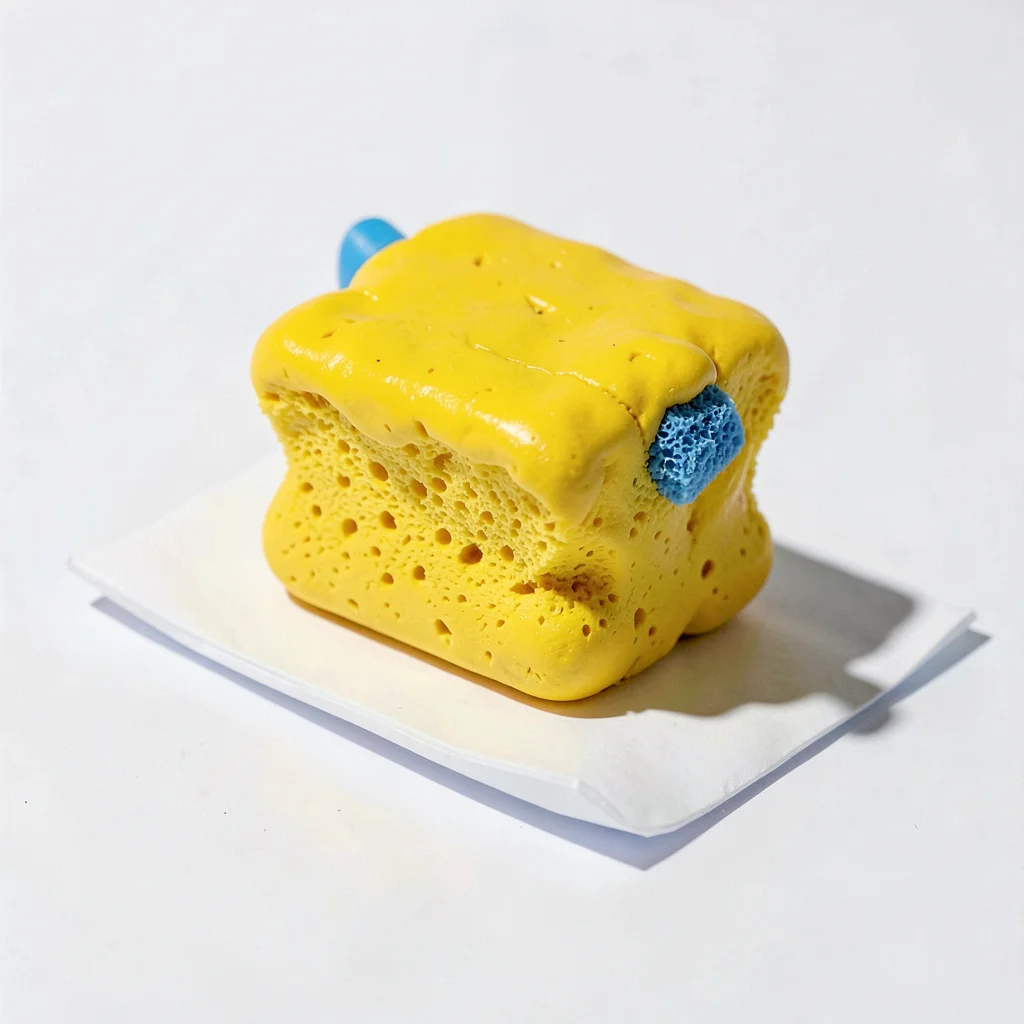 Compact chunky clay sponge in primary yellow with stubby blue squat scrubber sid