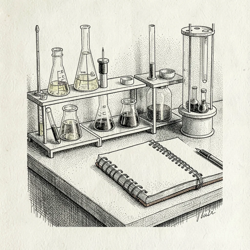 Loose pen-ink lab-bench scene with sample racks and a notebook, fine hatching, o