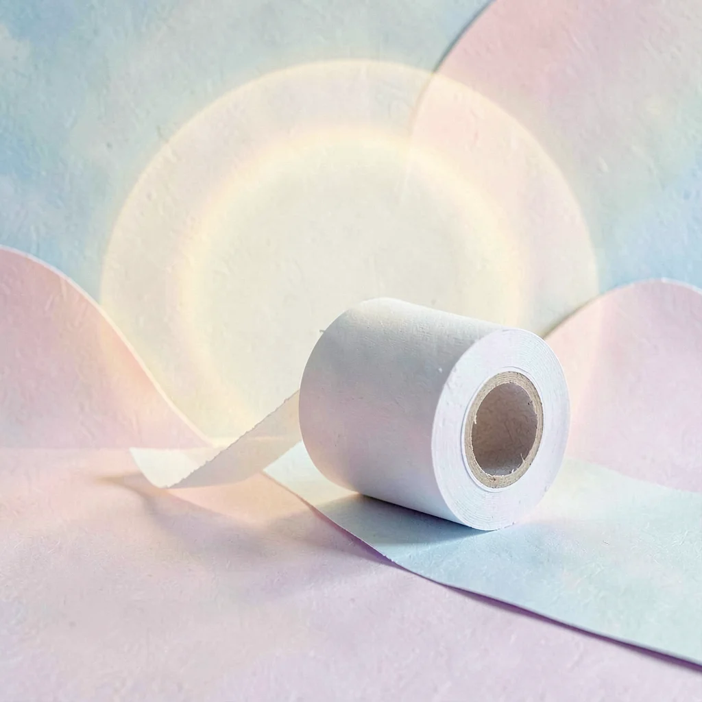 Cut-paper still of a paper film roll unspooling into a halo, calm afternoon glow