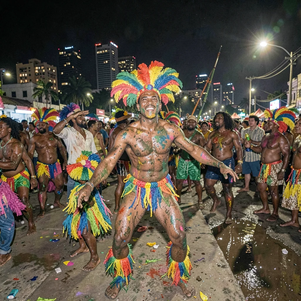Carnival saturation explosion in Port of Spain, Trinidad, Jouvert reveler covere