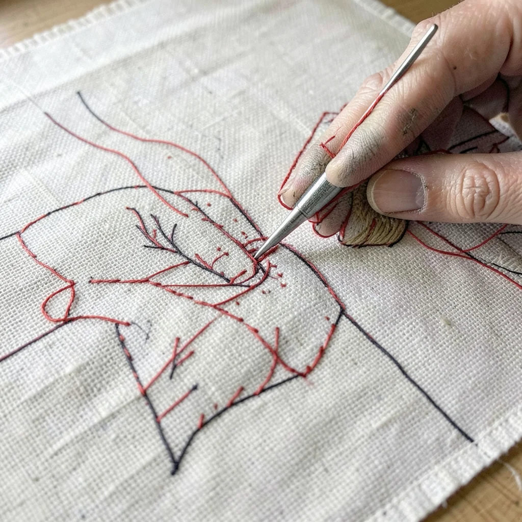 A surgeon's hands mid-operation rendered in precise satin stitch with red thread