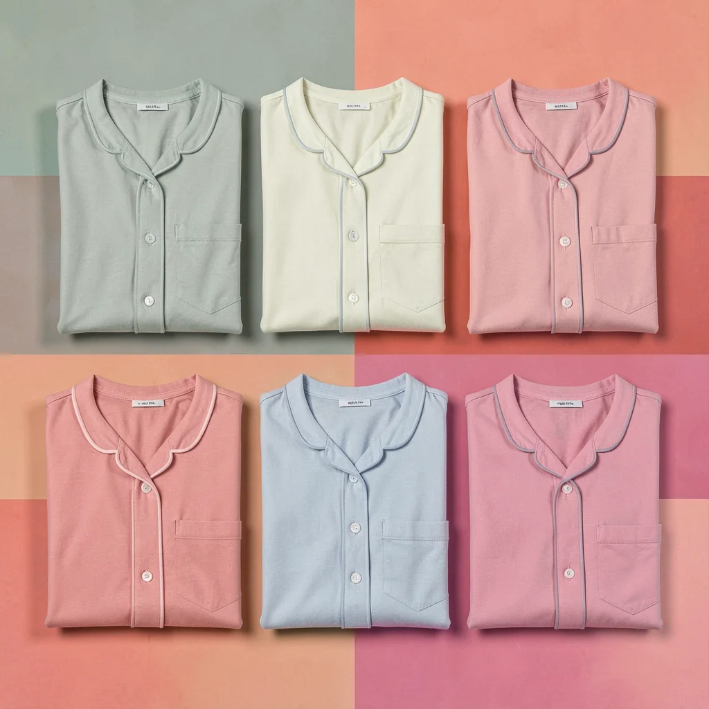 Color-block grid flatlay of six folded pajama tops in alternating sage and rose 