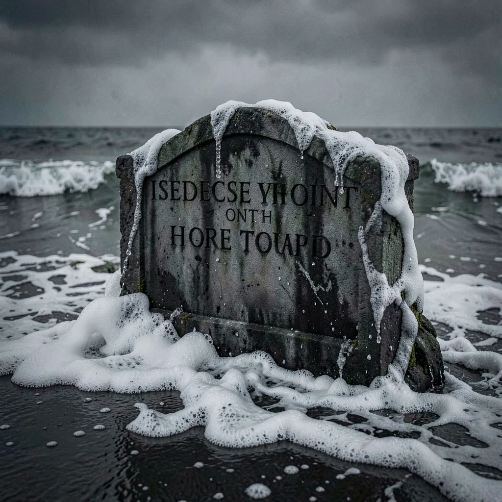 Charcoal mood plate of a king's stone grave being lapped by incoming waves, drif
