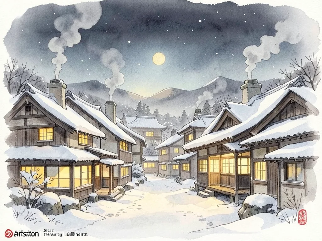 Snow-covered village at night, warm yellow light from windows, smoke from chimne