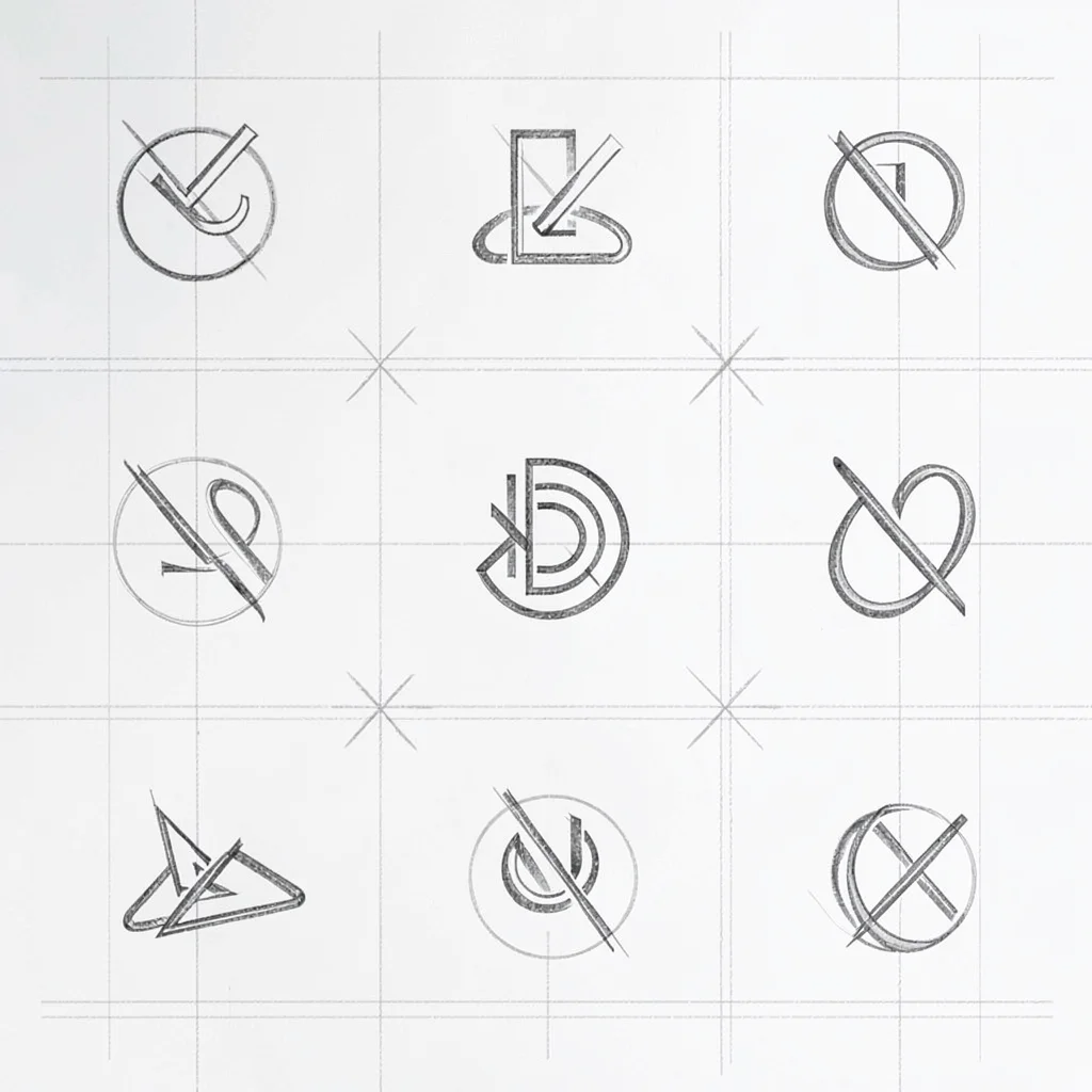 A 3x3 grid of abstract logo-mark variations in a deconstructed brand-system layo