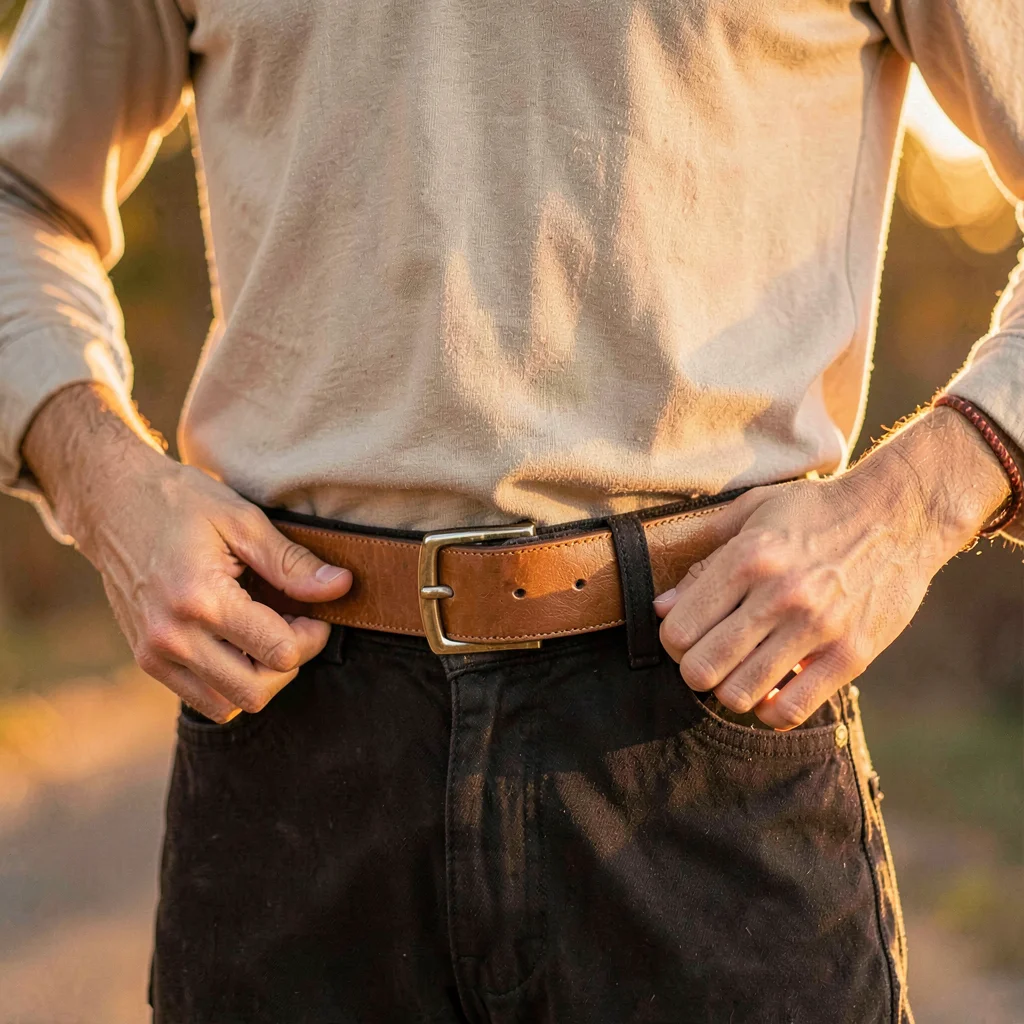 Warm vertical of a model fastening a belt at the waist, golden hour glow on the 