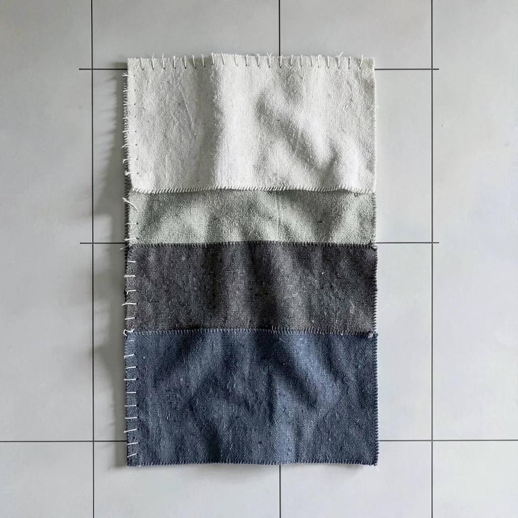 Vertical stack of three textile plates climbing the frame, gutter ticks