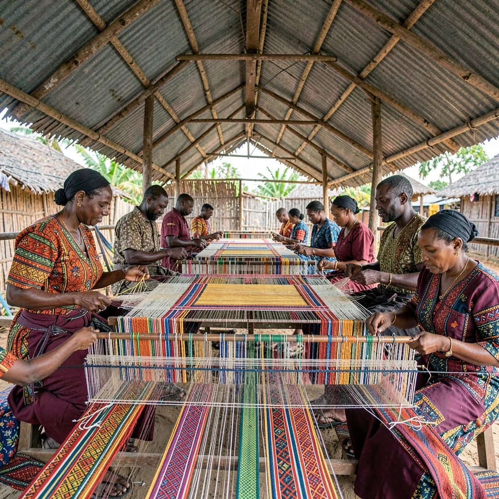 Kumasi kente weaving process, strip loom geometry, Row of strip looms under corr