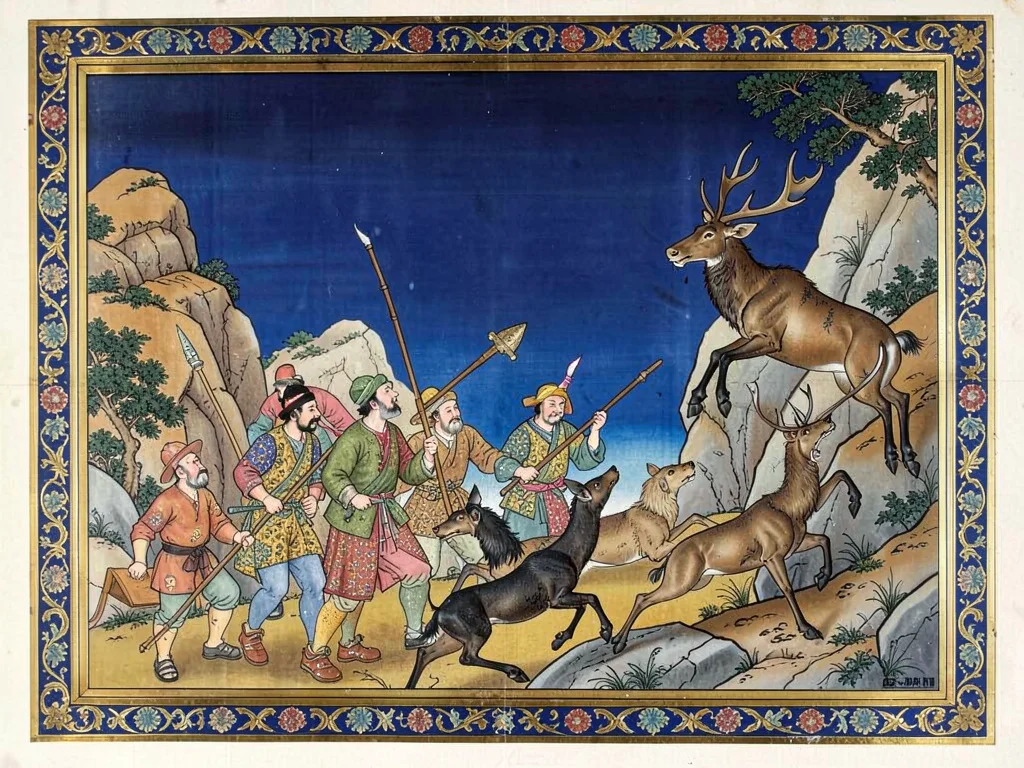 Hunting party among rocky outcrops with hounds and a leaping stag